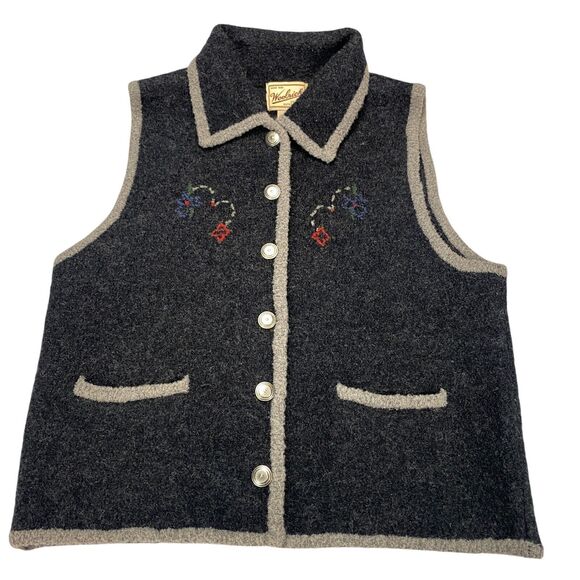 Woolrich Wool Vest Womens M Gray Grandma Embroidered Gorpcore Button Front - Picture 7 of 12